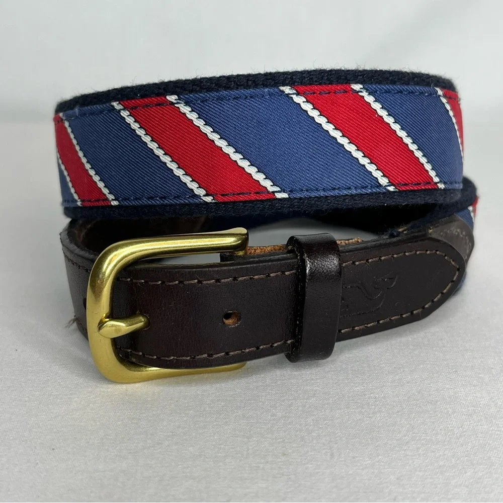 Vineyard Vines Red / Blue Belt Boys Size 26 Brass Buckle Leather Shep & Ian